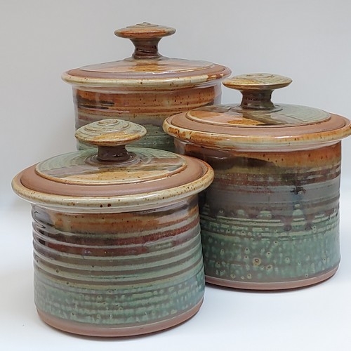 #221135 Canister Set of 3 Green/Tan/Blk $79.50 at Hunter Wolff Gallery
